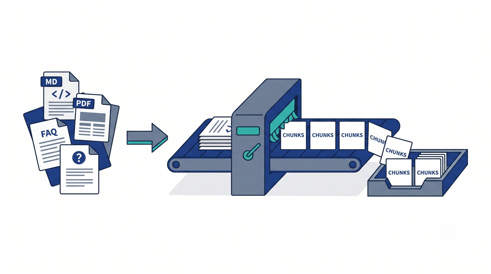 Documents being sliced into equal-sized chunks feeding a tray