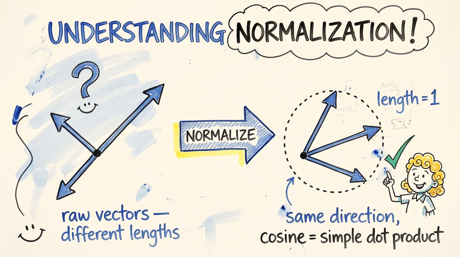 Sticky-note explaining vector normalization to length 1