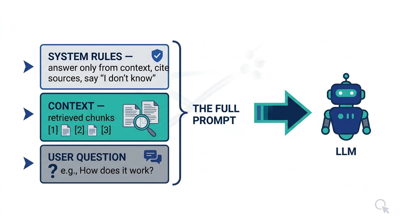 Anatomy of a prompt: system rules, context, and user question feeding the LLM