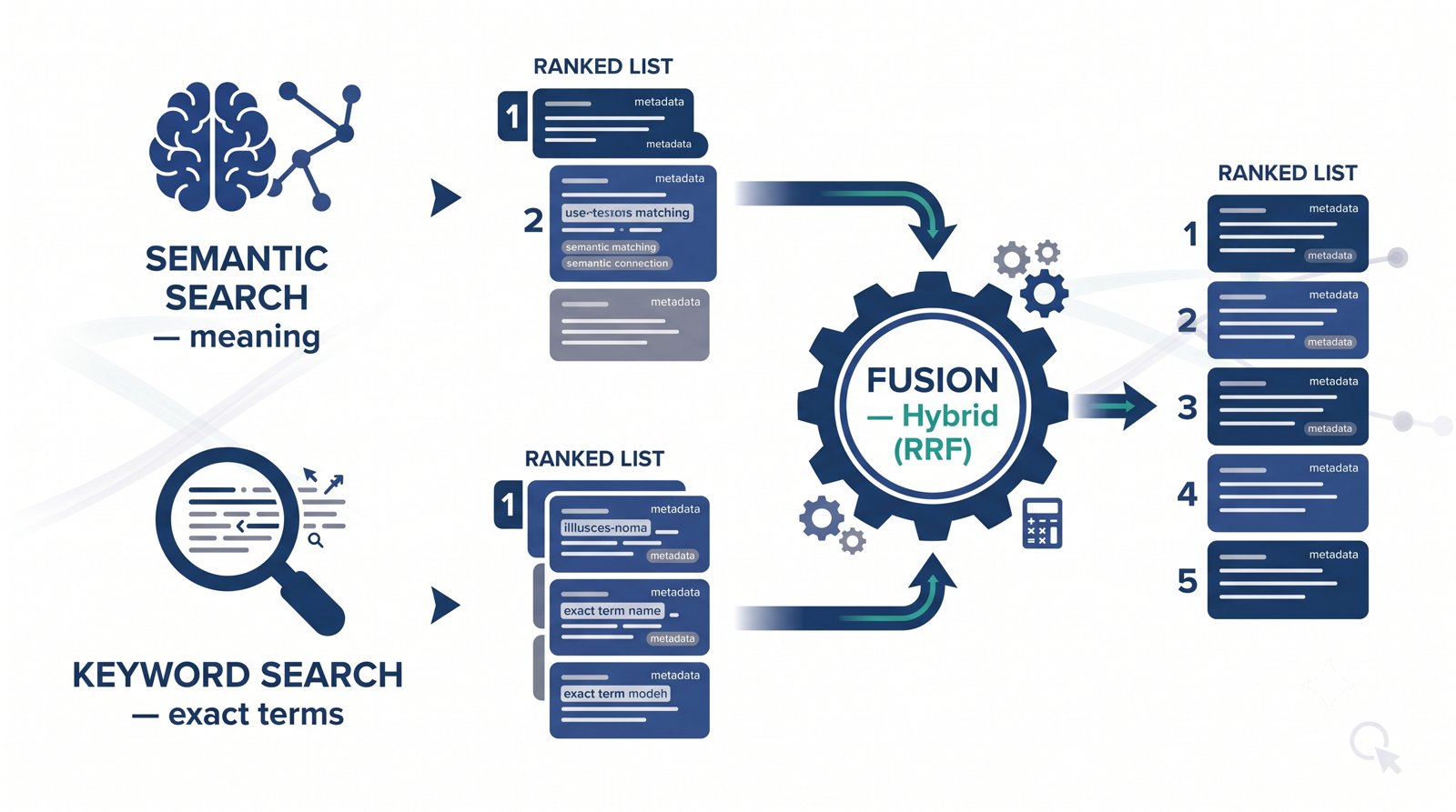 Semantic and keyword search streams merging into one ranked list via hybrid fusion