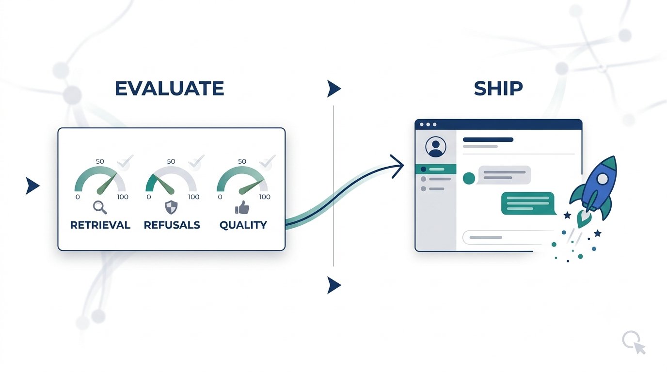 Two halves: an evaluation scorecard and a rocket representing shipping