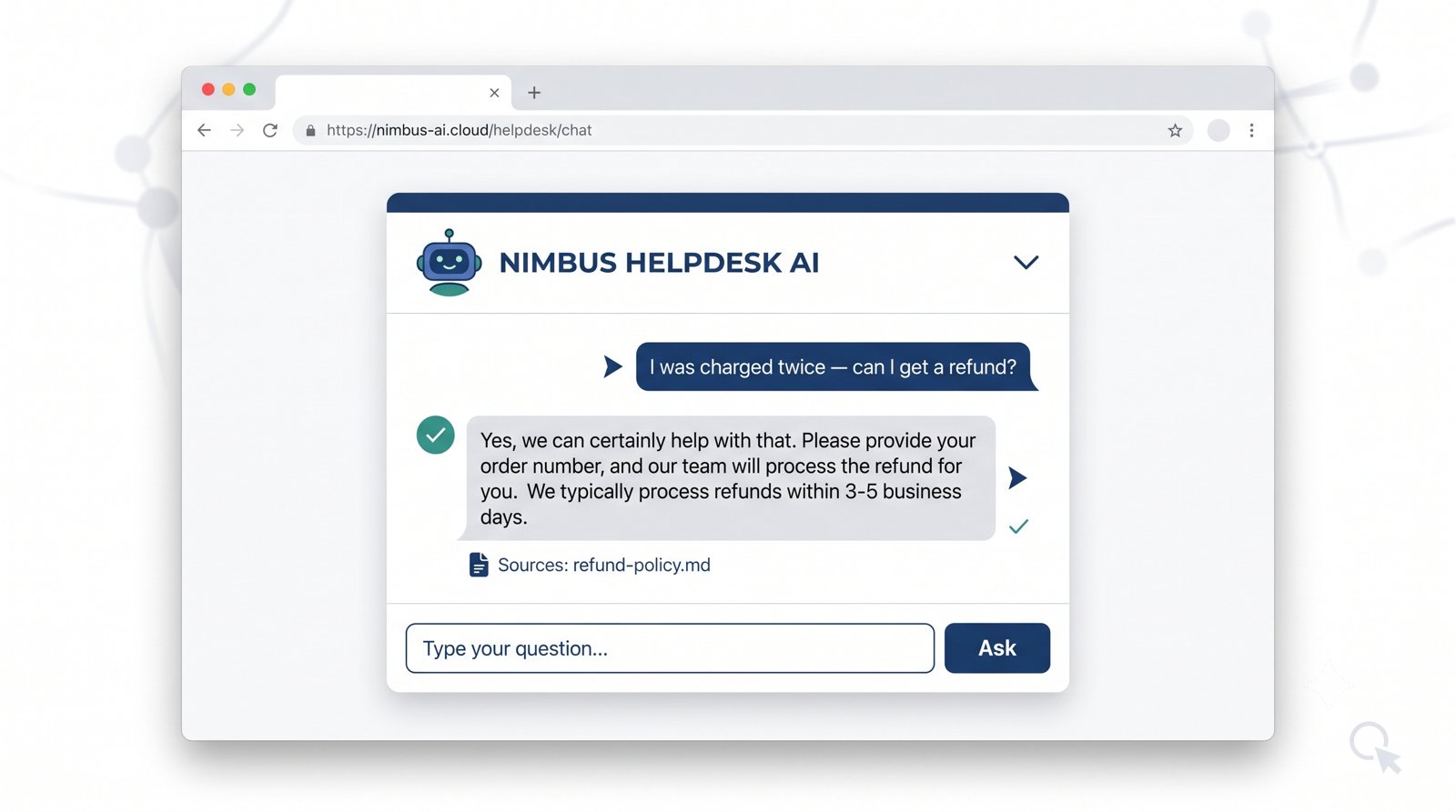 Browser mockup of the finished Nimbus HelpDesk AI chat interface