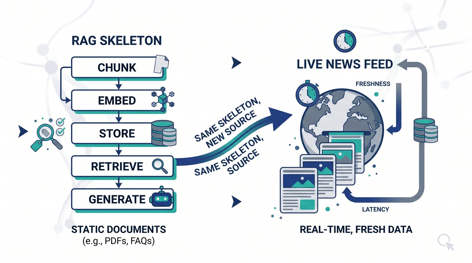 The RAG skeleton pointed at a live news feed instead of static documents