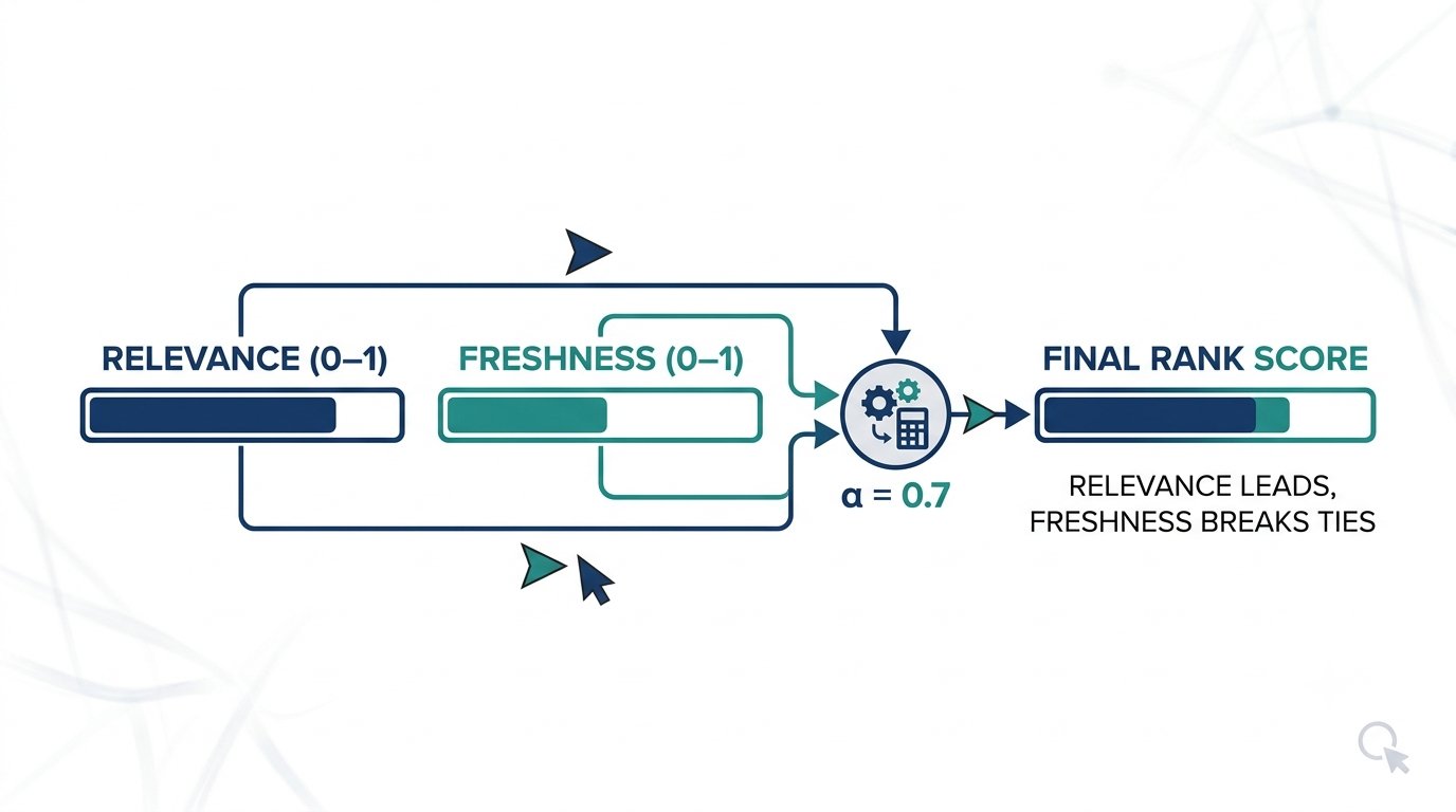 Diagram blending relevance and freshness into a final rank score
