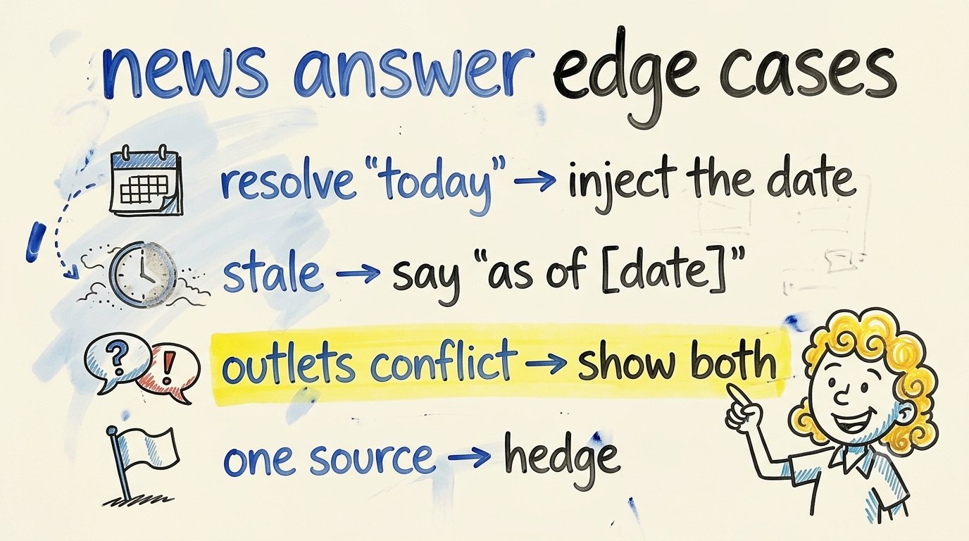 Sticky-note listing news answer edge cases: today, stale, conflicting, single-source